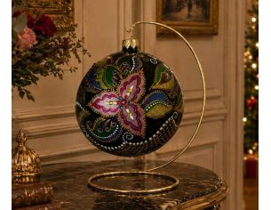 Boule Noël verre soufflé noir fleur rose fuchsia paisley cristaux Preciosa peinte main Ø12cm - Lilosquare