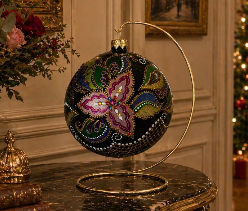Boule Noël verre soufflé noir fleur rose fuchsia paisley cristaux Preciosa peinte main Ø12cm - Lilosquare