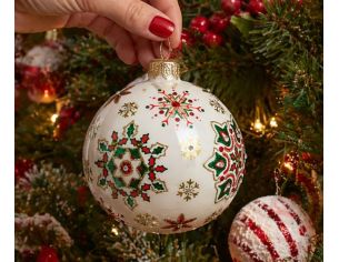 Boule Noël verre soufflé blanc flocons rouge vert or cristaux Preciosa peinte main Ø10cm - Lilosquare