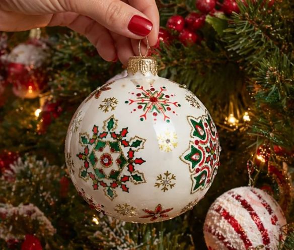 Boule Noël verre soufflé blanc flocons rouge vert or cristaux Preciosa peinte main Ø10cm - Lilosquare