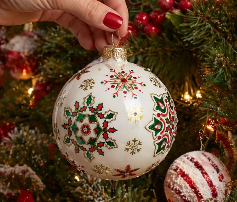 Boule Noël verre soufflé blanc flocons rouge vert or cristaux Preciosa peinte main Ø10cm - Lilosquare