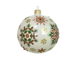Boule Noël verre soufflé blanc flocons rouge vert or cristaux Preciosa peinte main Ø10cm - Lilosquare