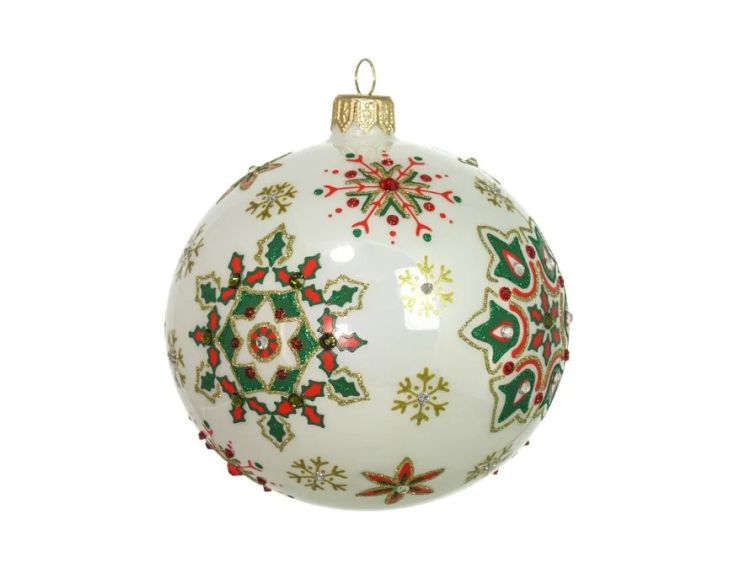 Boule Noël verre soufflé blanc flocons rouge vert or cristaux Preciosa peinte main Ø10cm - Lilosquare