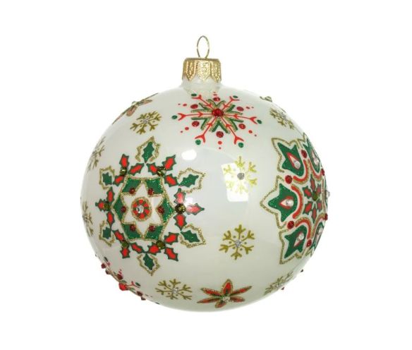 Boule Noël verre soufflé blanc flocons rouge vert or cristaux Preciosa peinte main Ø10cm - Lilosquare