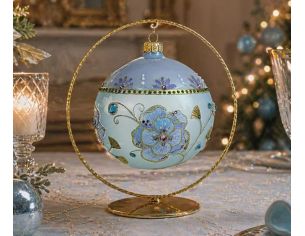 Boule Noël verre soufflé bleu ciel fleurs peinte main 60 cristaux Preciosa lianes dorées Ø12cm - Lilosquare