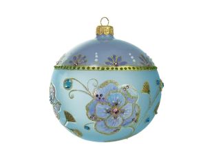 Boule Noël verre soufflé bleu ciel fleurs peinte main 60 cristaux Preciosa lianes dorées Ø12cm - Lilosquare