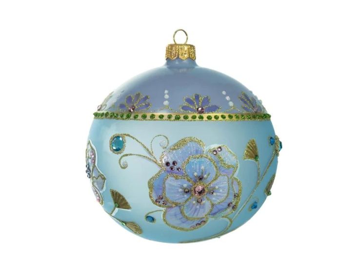 Boule Noël verre soufflé bleu ciel fleurs peinte main 60 cristaux Preciosa lianes dorées Ø12cm - Lilosquare