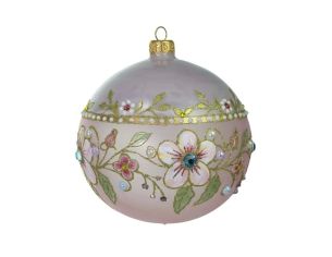 Boule Noël verre soufflé rose poudré fleurs cerisier perles or cristaux Preciosa peinte main Ø12cm - Lilosquare