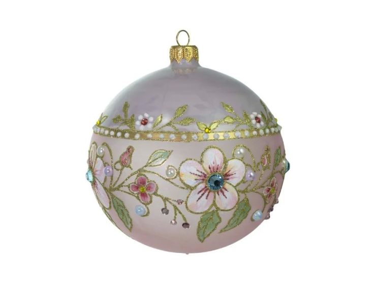 Boule Noël verre soufflé rose poudré fleurs cerisier perles or cristaux Preciosa peinte main Ø12cm - Lilosquare