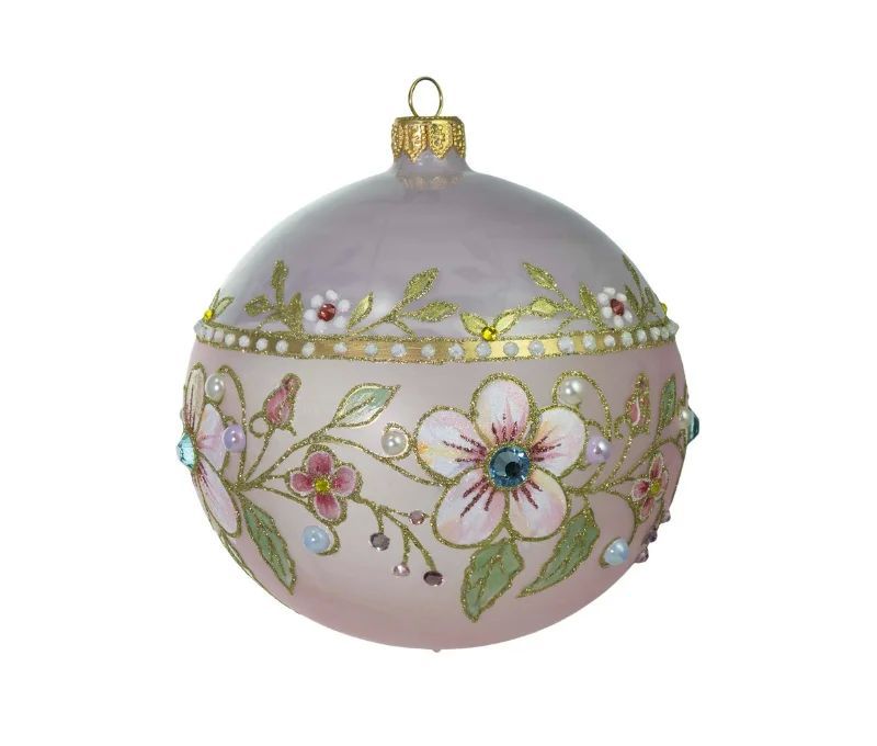 Boule Noël verre soufflé rose poudré fleurs cerisier perles or cristaux Preciosa peinte main Ø12cm - Lilosquare