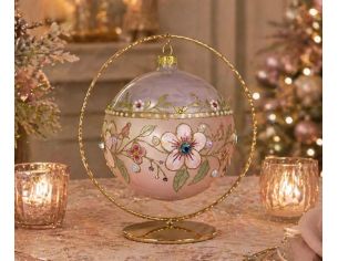 Boule Noël verre soufflé rose poudré fleurs cerisier perles or cristaux Preciosa peinte main Ø12cm - Lilosquare