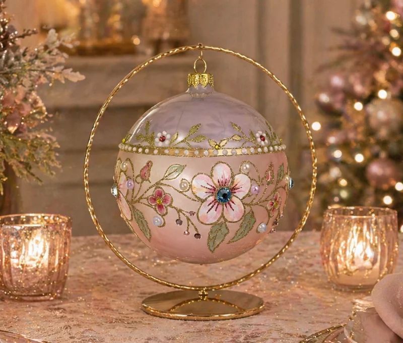 Boule Noël verre soufflé rose poudré fleurs cerisier perles or cristaux Preciosa peinte main Ø12cm - Lilosquare