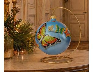 Boule Noël verre soufflé bleu papillons relief vert orange or cristaux Preciosa peinte main Ø12cm - Lilosquare