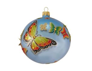 Boule Noël verre soufflé bleu papillons relief vert orange or cristaux Preciosa peinte main Ø12cm - Lilosquare