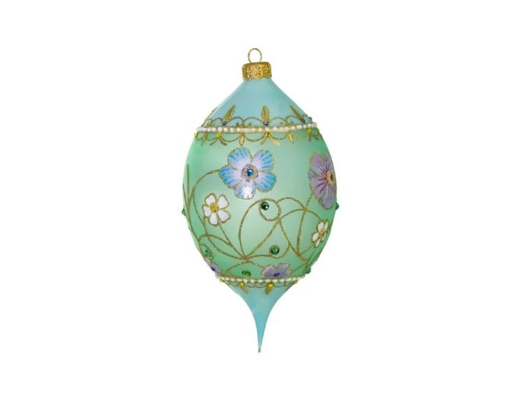 Boule Noël verre soufflé vert d'eau fleurs peintes main cristaux Preciosa drop 17cm - Lilosquare