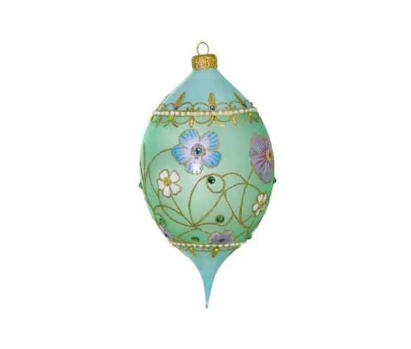 Boule Noël verre soufflé vert d'eau fleurs peintes main cristaux Preciosa drop 17cm - Lilosquare