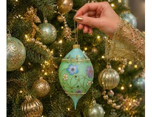 Boule Noël verre soufflé vert d'eau fleurs peintes main cristaux Preciosa drop 17cm - Lilosquare