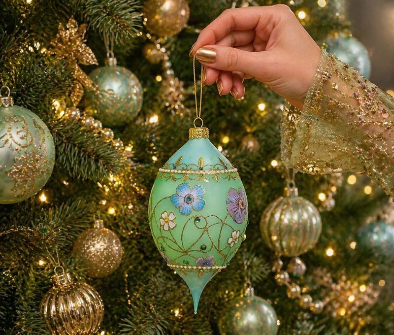 Boule Noël verre soufflé vert d'eau fleurs peintes main cristaux Preciosa drop 17cm - Lilosquare