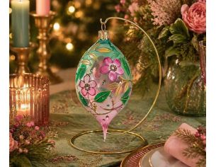 Goutte Noël verre soufflé transparent fleurs cerisier roses feuilles vertes cristaux Preciosa H17cm - Lilosquare