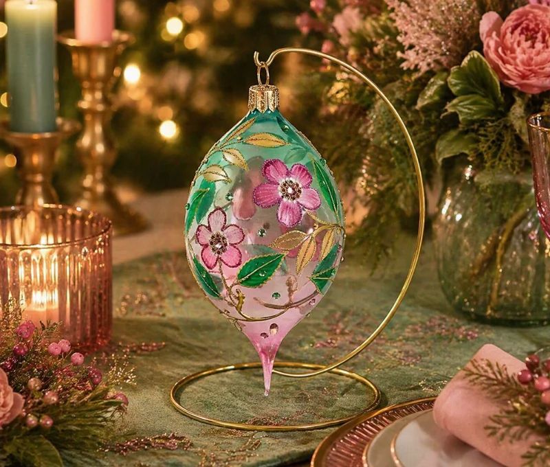 Goutte Noël verre soufflé transparent fleurs cerisier roses feuilles vertes cristaux Preciosa H17cm - Lilosquare