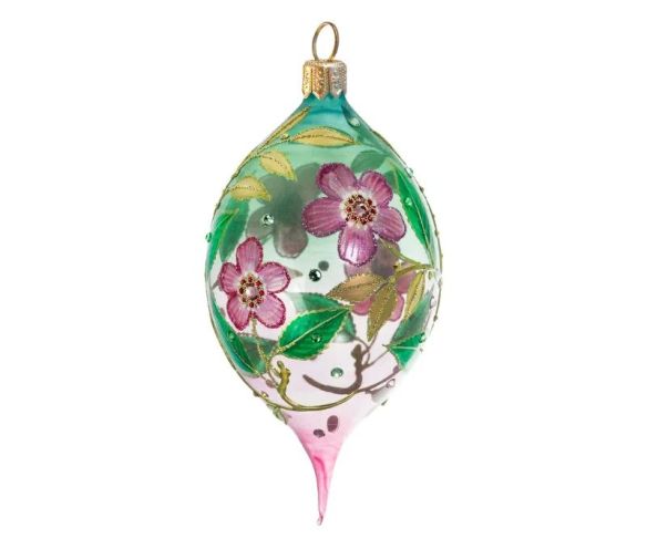 Goutte Noël verre soufflé transparent fleurs cerisier roses feuilles vertes cristaux Preciosa H17cm - Lilosquare