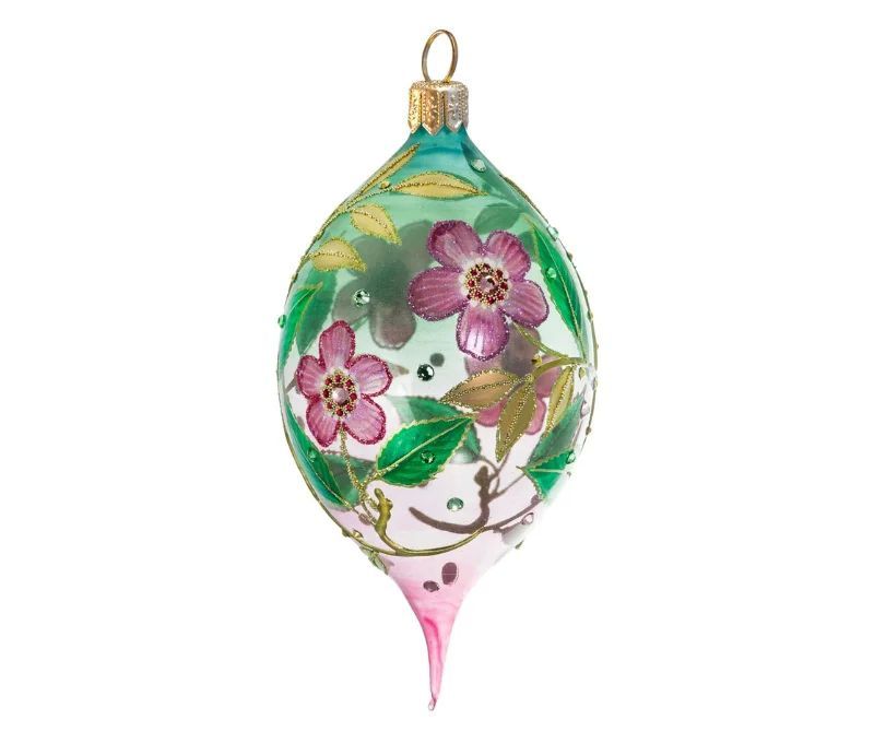 Goutte Noël verre soufflé transparent fleurs cerisier roses feuilles vertes cristaux Preciosa H17cm - Lilosquare