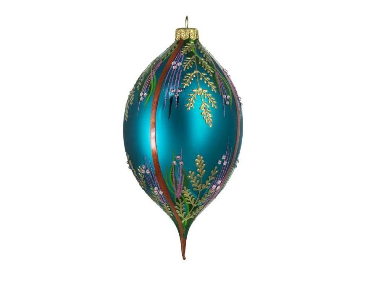 Goutte Noël verre soufflé turquoise fougères dorées bruyère violette cristaux Preciosa H17cm - Lilosquare