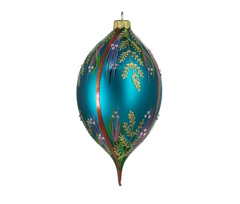 Goutte Noël verre soufflé turquoise fougères dorées bruyère violette cristaux Preciosa H17cm - Lilosquare
