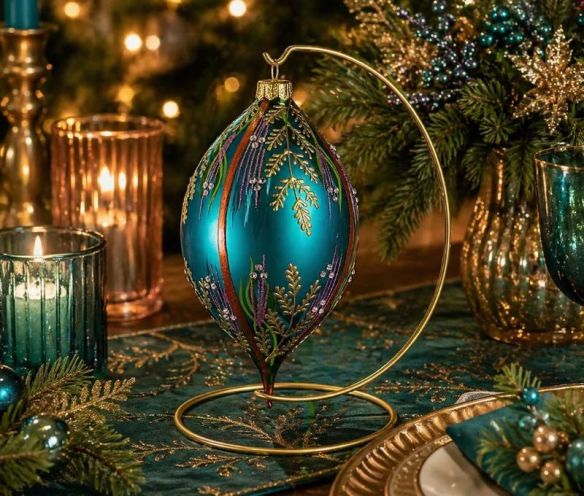 Goutte Noël verre soufflé turquoise fougères dorées bruyère violette cristaux Preciosa H17cm - Lilosquare