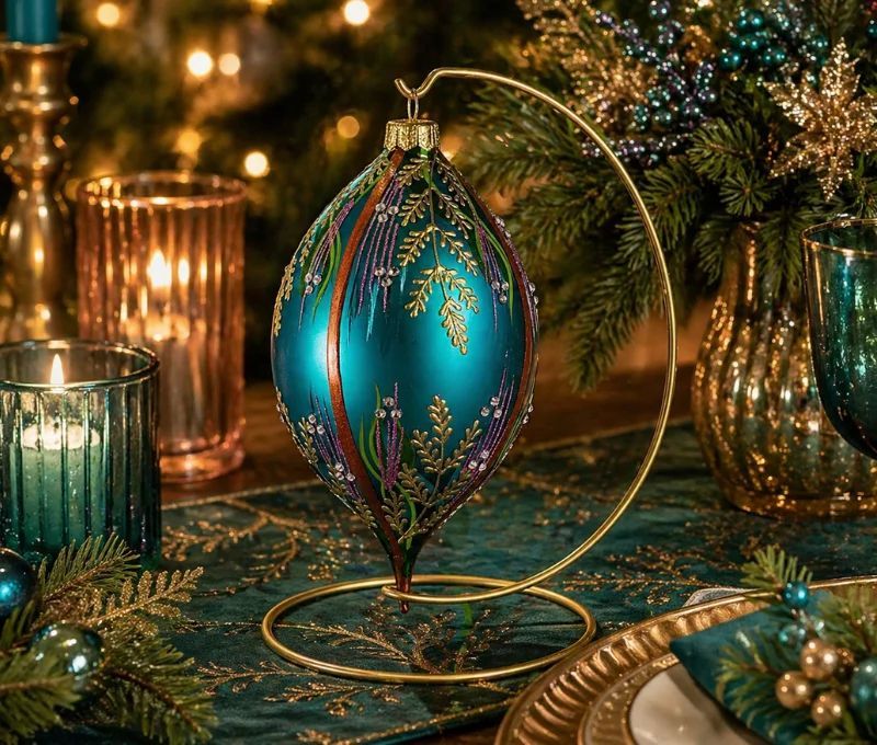 Goutte Noël verre soufflé turquoise fougères dorées bruyère violette cristaux Preciosa H17cm - Lilosquare
