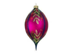 Goutte Noël verre soufflé fuchsia fougères dorées cristaux Preciosa orange bandes bleues H17cm - Lilosquare