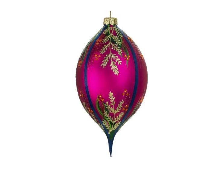 Goutte Noël verre soufflé fuchsia fougères dorées cristaux Preciosa orange bandes bleues H17cm - Lilosquare