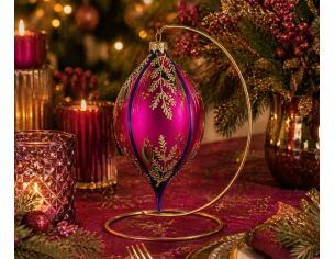 Goutte Noël verre soufflé fuchsia fougères dorées cristaux Preciosa orange bandes bleues H17cm - Lilosquare