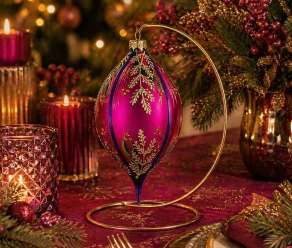 Goutte Noël verre soufflé fuchsia fougères dorées cristaux Preciosa orange bandes bleues H17cm - Lilosquare