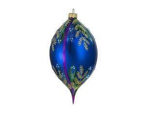 Goutte Noël verre soufflé bleu cobalt fougères dorées cristaux Preciosa bandes violettes H17cm - Lilosquare