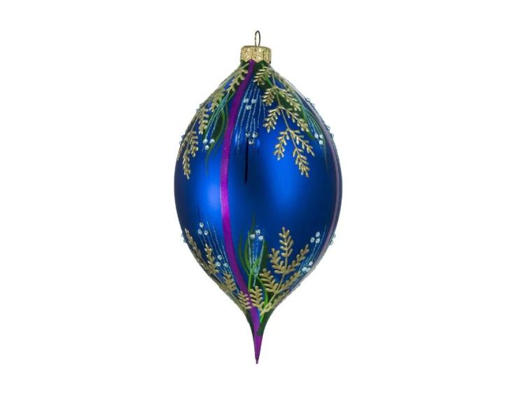 Goutte Noël verre soufflé bleu cobalt fougères dorées cristaux Preciosa bandes violettes H17cm - Lilosquare