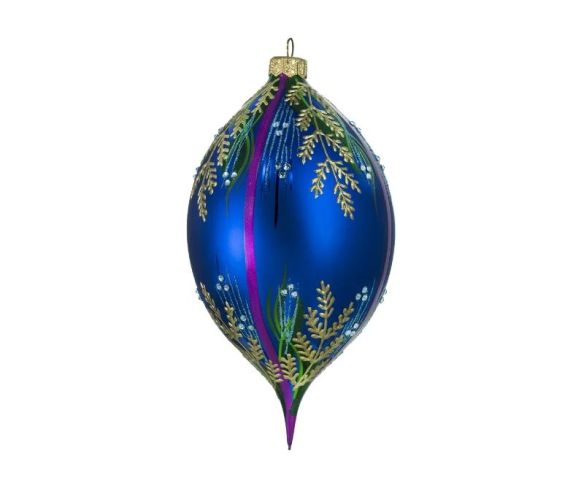 Goutte Noël verre soufflé bleu cobalt fougères dorées cristaux Preciosa bandes violettes H17cm - Lilosquare
