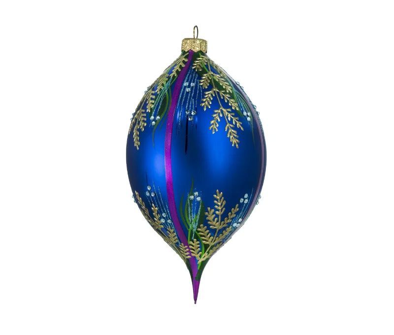 Goutte Noël verre soufflé bleu cobalt fougères dorées cristaux Preciosa bandes violettes H17cm - Lilosquare