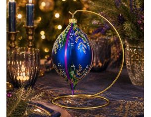 Goutte Noël verre soufflé bleu cobalt fougères dorées cristaux Preciosa bandes violettes H17cm - Lilosquare