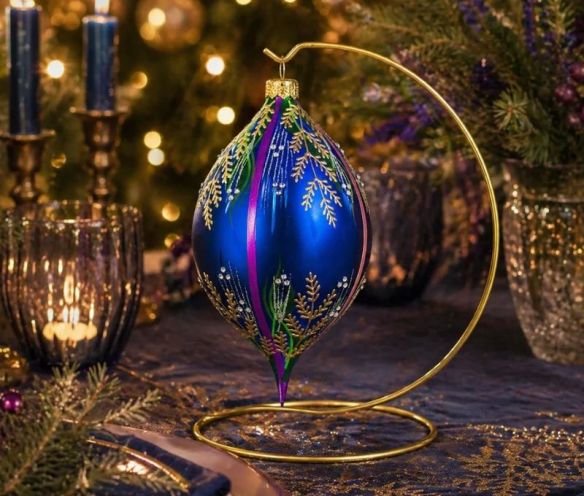 Goutte Noël verre soufflé bleu cobalt fougères dorées cristaux Preciosa bandes violettes H17cm - Lilosquare