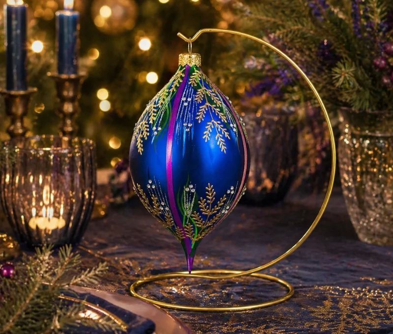 Goutte Noël verre soufflé bleu cobalt fougères dorées cristaux Preciosa bandes violettes H17cm - Lilosquare