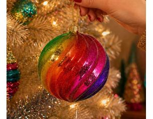 Boule Noël verre soufflé brillant arc-en-ciel spirale pailletée vert jaune orange rose violet Ø10cm - Lilosquare