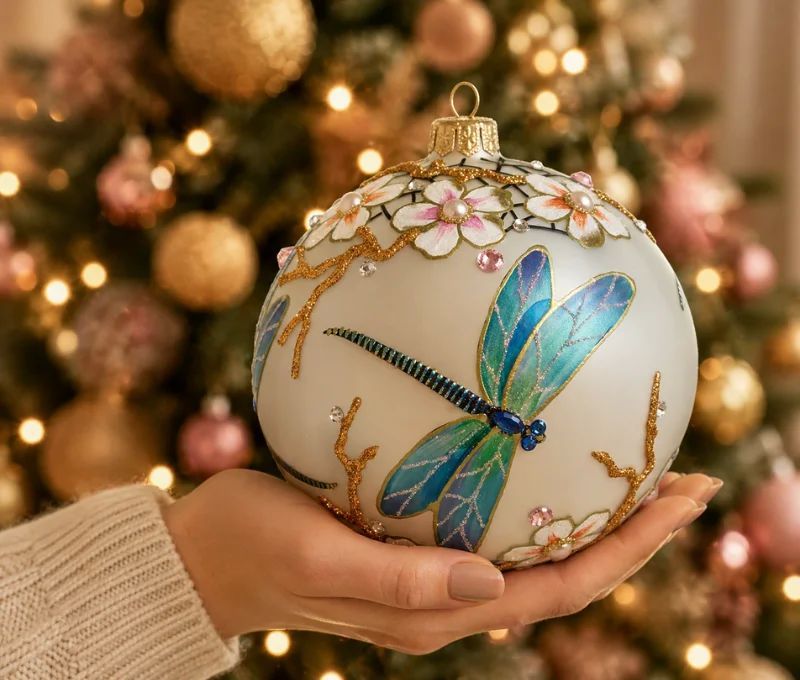 Boule Noël verre soufflé blanc mat libellules irisées fleurs roses en relief perles vraies 25 cristaux Preciosa Ø12cm