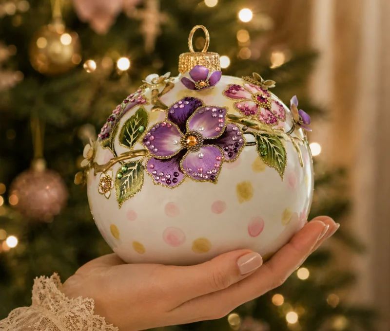 Boule Noël verre soufflé blanc pois pastel fleurs violettes roses 3D relief cristaux Preciosa branches dorées Ø12cm - Lilosquare