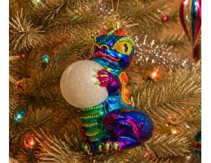 Suspension Noël verre soufflé dragon multicolore irisé tenant boule de cristal blanche pailletée H13cm - Lilosquare