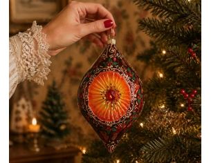 Goutte Noël réflecteur vintage verre soufflé à la bouche bordeaux médaillon orange cristaux Preciosa houx doré H17cm