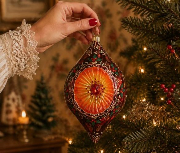 Goutte Noël réflecteur vintage verre soufflé à la bouche bordeaux médaillon orange cristaux Preciosa houx doré H17cm