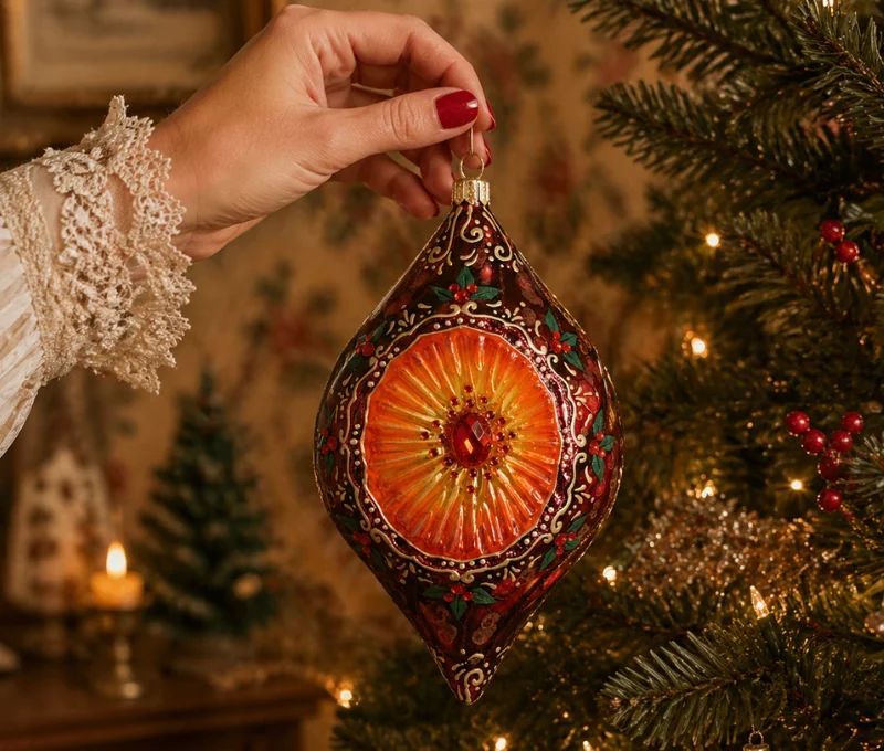 Goutte Noël réflecteur vintage verre soufflé à la bouche bordeaux médaillon orange cristaux Preciosa houx doré H17cm