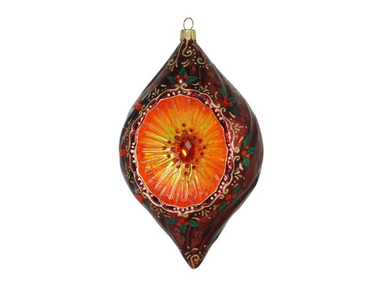 Goutte Noël réflecteur vintage verre soufflé à la bouche bordeaux médaillon orange cristaux Preciosa houx doré H17cm