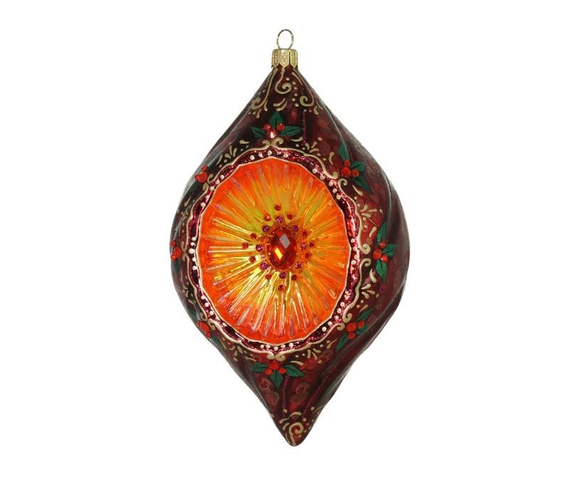 Goutte Noël réflecteur vintage verre soufflé à la bouche bordeaux médaillon orange cristaux Preciosa houx doré H17cm